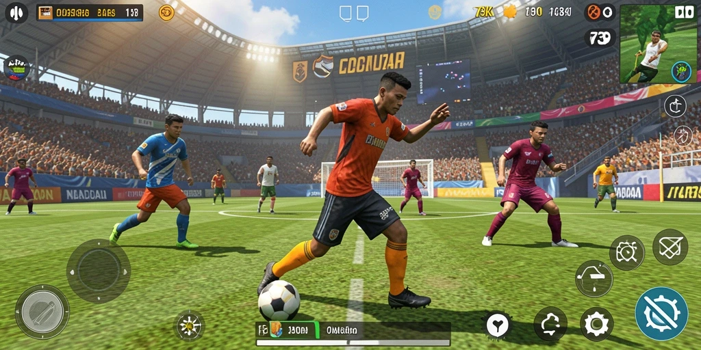 Screenshot utama dari 73K menampilkan aksi seru dalam pertandingan olahraga.