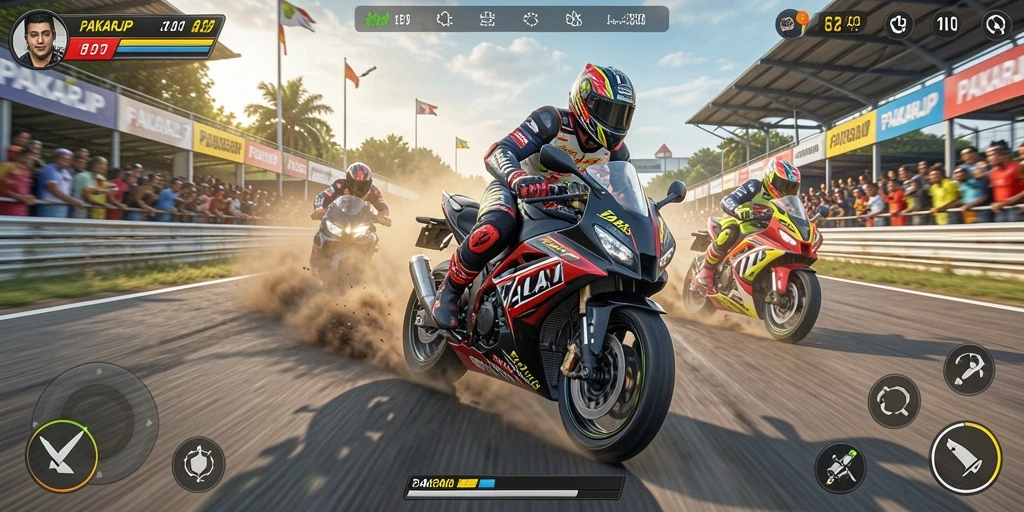 Screenshot utama PAKARJP menunjukkan aksi balapan motor yang mendebarkan.